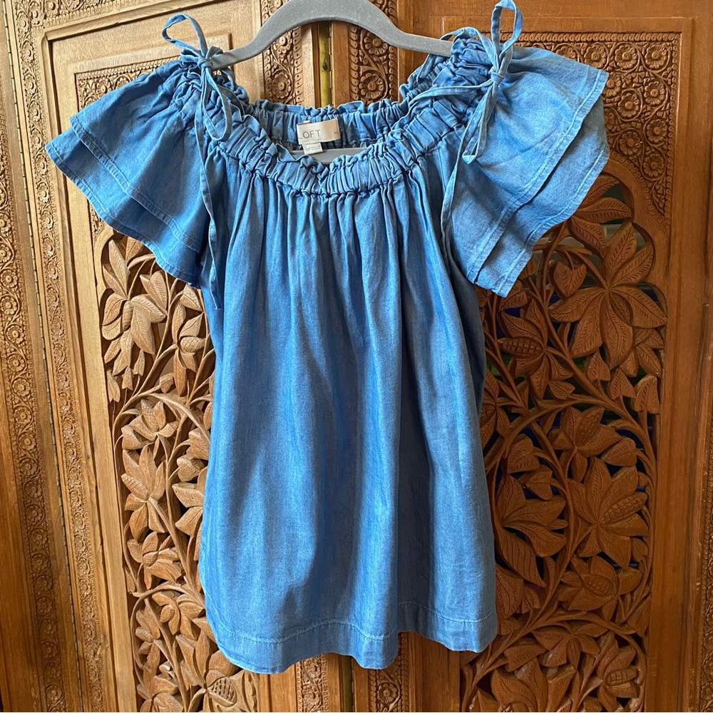 LOFT petites denim blouse with ties at shoulders NWT